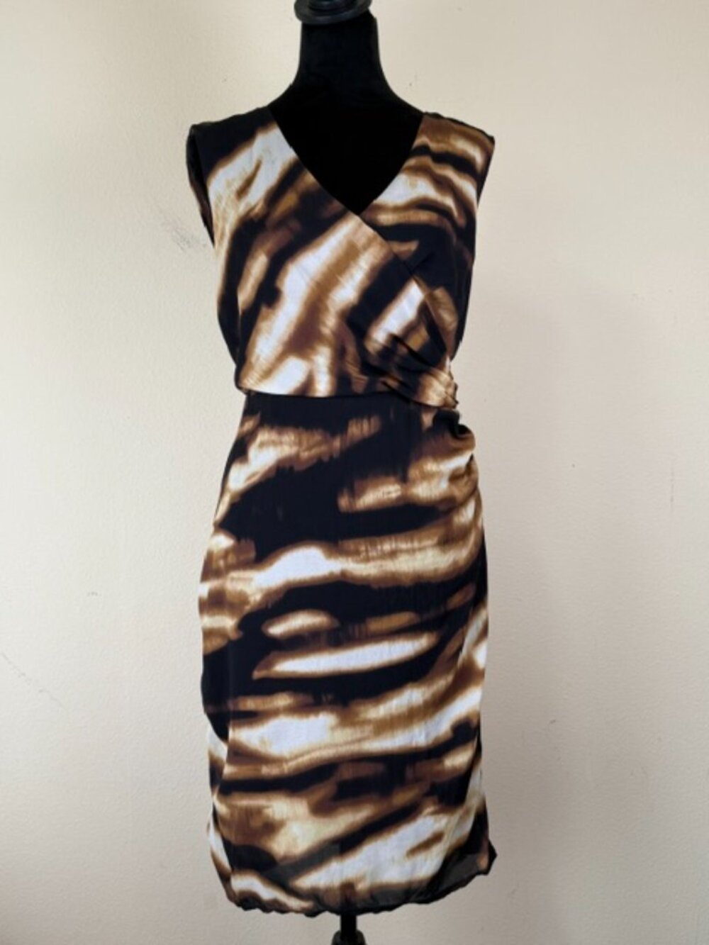 VTG Ann Taylor Silk Dress 12 Brown Animal Print Stretch Sleeveless Surplice - Picture 3 of 16